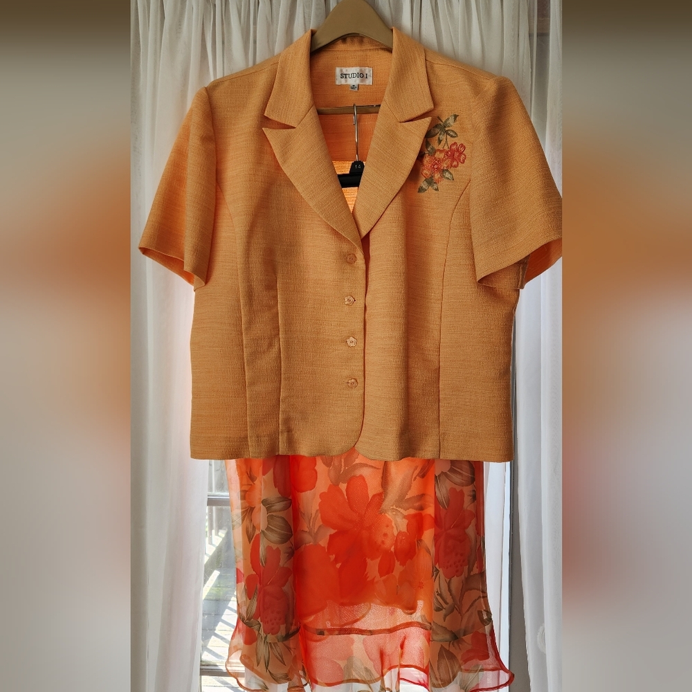 Studio I Peach Floral Embroidered Blazer And Skirt Set